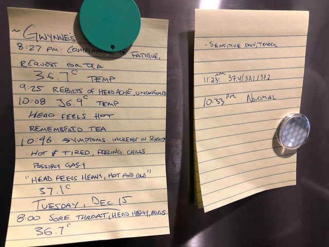 A handwritten list of Gwynne Hogan's reactions to the shot she received, including "head feels hot" and "soar throat."